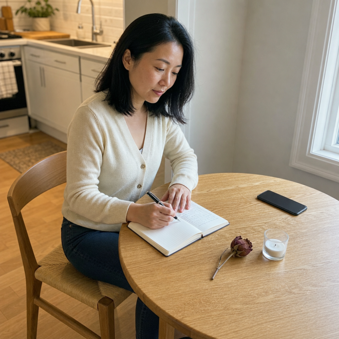 Woman reflecting on reconciliation with journal and smartphone
