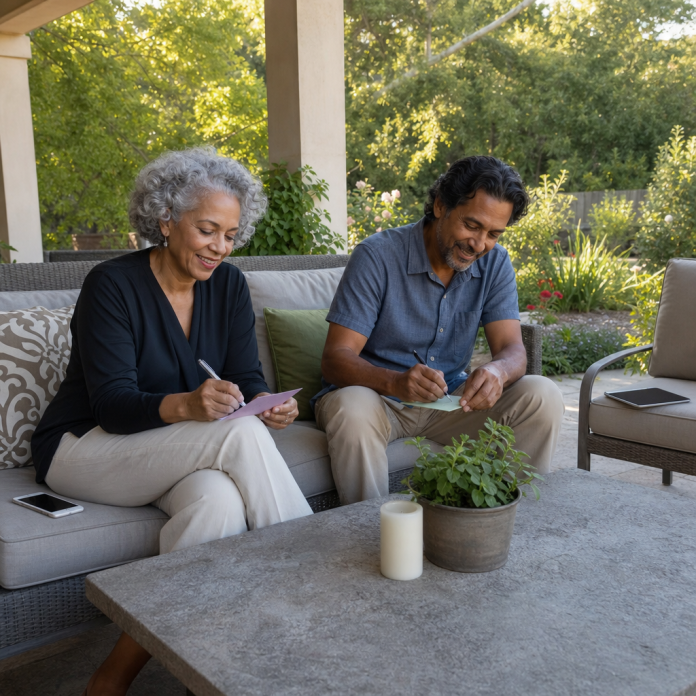 Mature couple sharing a relationship ritual on an outdoor patio