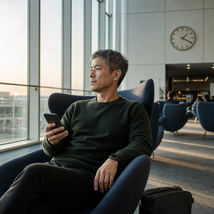 Man reflecting on love-spell timing beside an analog clock and smartphone