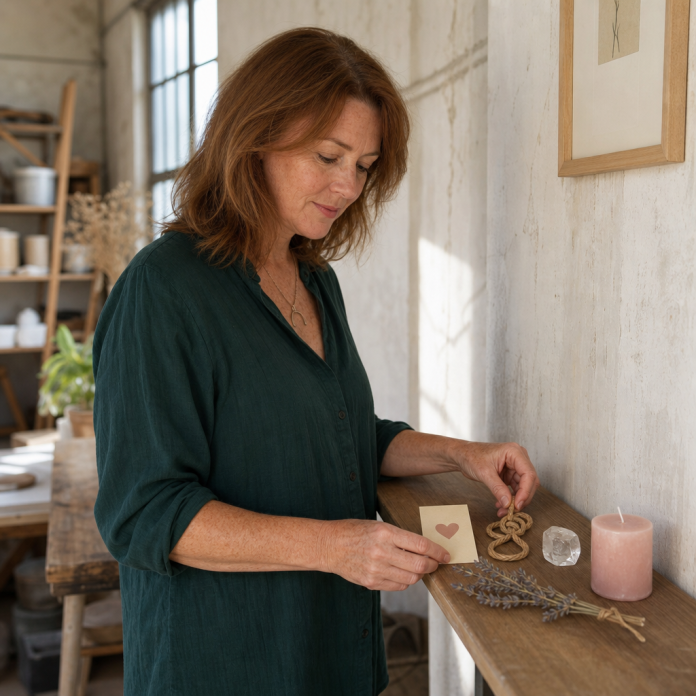 Woman organizing symbolic love-spell items in a bright studio