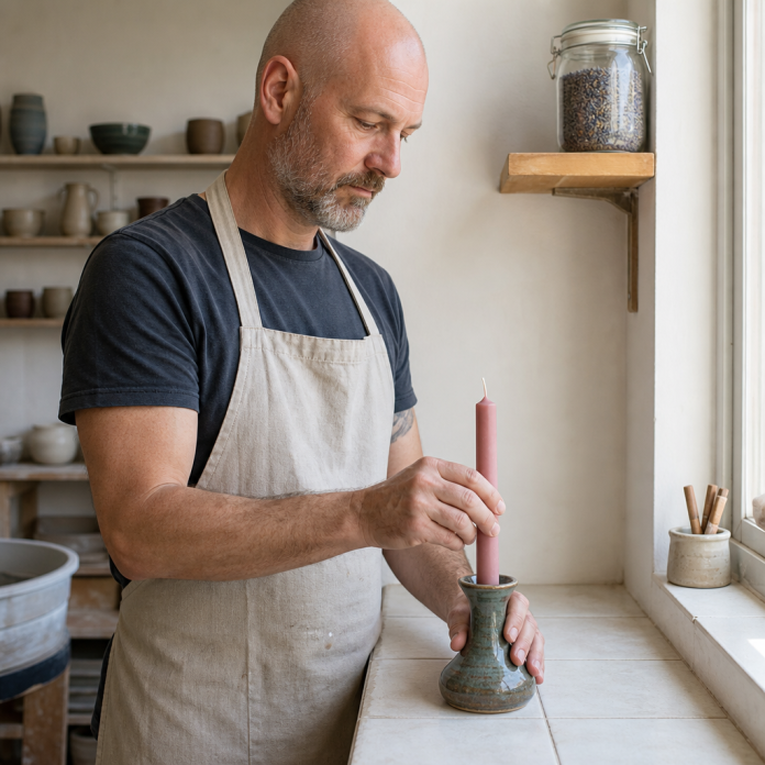 Man preparing a candle safely in a ceramics studio
