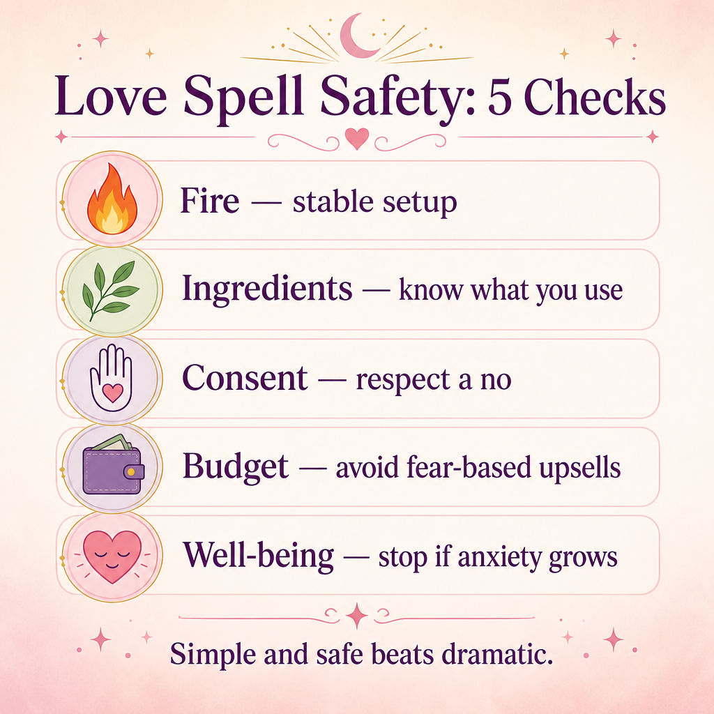 Infographic with five practical love spell safety checks