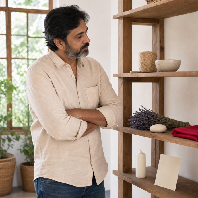 Man comparing symbolic materials in an artisan studio