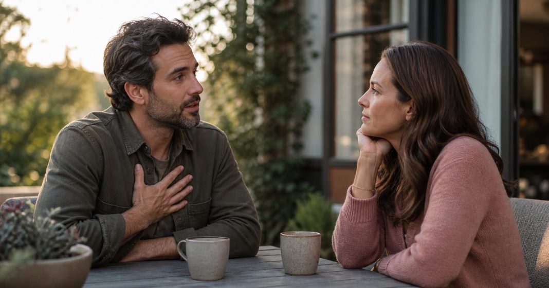 Couple having a calm, sincere apology conversation on an outdoor patio