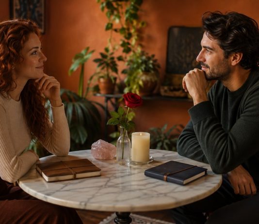 Love Spell Ethics: Consent, Boundaries, and Free Will Two consenting adults, a woman with auburn curls and a dark-haired man in their thirties, sitting comfortably across a small round table, engaged in an equal respectful conversation
