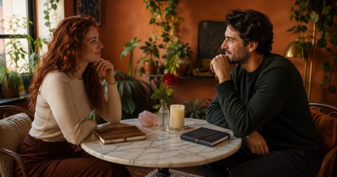 Two consenting adults, a woman with auburn curls and a dark-haired man in their thirties, sitting comfortably across a small round table, engaged in an equal respectful conversation