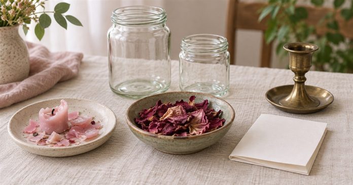 Unlit candle remains, dried flowers, paper and reusable containers arranged for sorting.