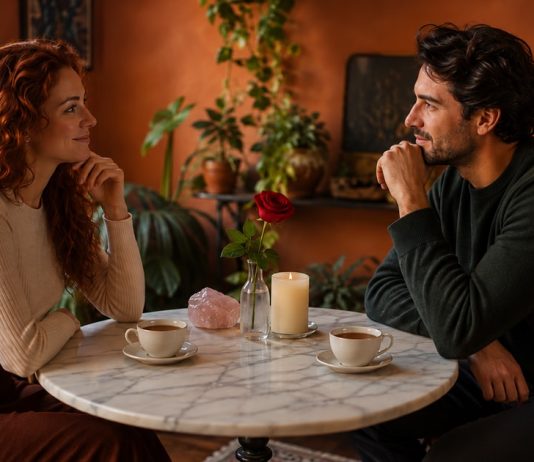 Love Spell Ethics: Consent, Boundaries, and Free Will A couple sharing a calm conversation over cups of tea at a table with a rose, candle and rose quartz.