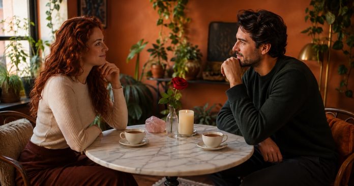 Love Spell Ethics — A Calm Conversation Over Tea A couple sharing a calm conversation over cups of tea at a table with a rose, candle and rose quartz.