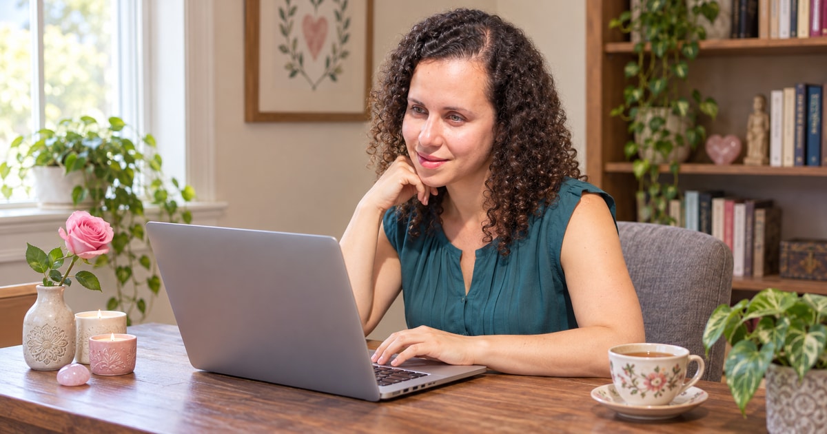 A woman researching love spells on her laptop in a home study, with a rose, rose quartz and a cup of tea beside her.