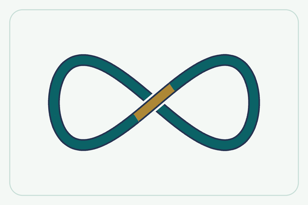 A teal loop crosses itself with a gold accent at the centre.